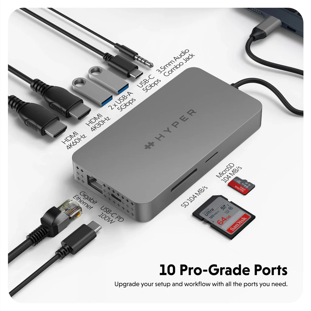 Adaptador Multipuertos Hyper HDM1H | 2 en 1 | HDMI | USB-C | USB-A | microSD | SD Ethernet | 3.5mm - Image 2