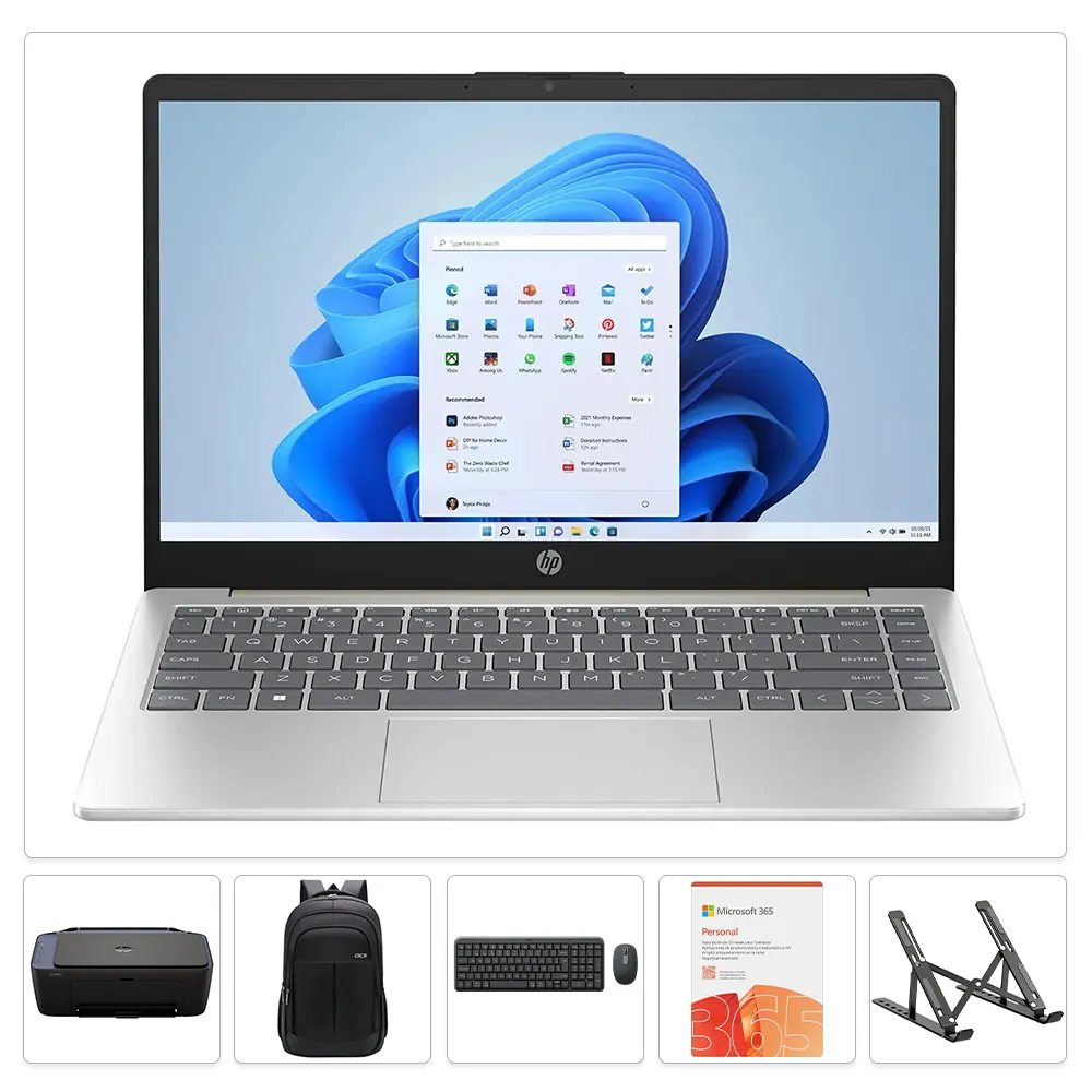 Combo HP 14-EP0331LA ] Intel Core i3-1315U ] 8GB RAM | 512GB SSD + Maletín GO + Soporte + Teclado y Mouse Logitech MK250 + Microsoft 365 PERSONAL + Impresora HP 2975 Wi-Fi