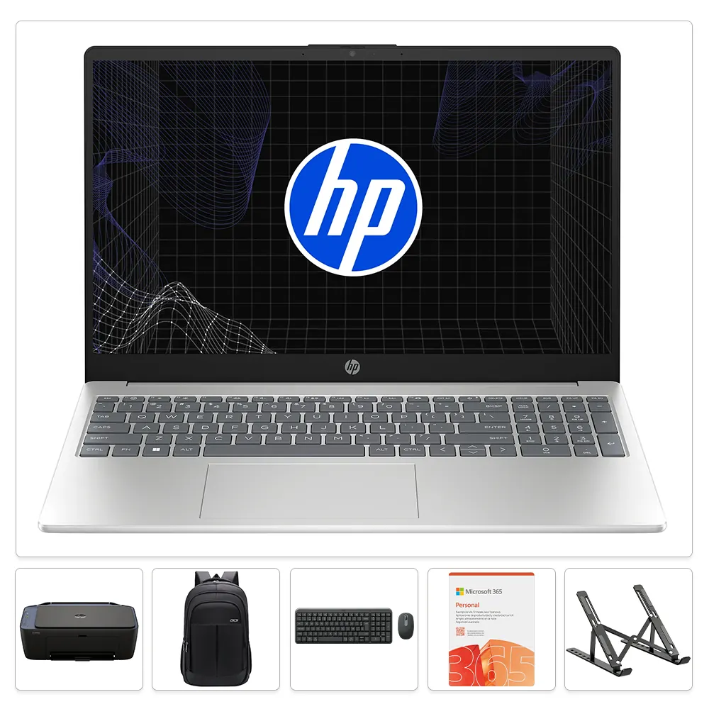 Combo HP 15-FC0287LA | AMD Ryzen 7-7730U | 8GB RAM | 512GB SSD + Maletín GO + Soporte + Teclado y Mouse Logitech MK250 + Microsoft 365 PERSONAL + Impresora HP 2975 Wi-Fi