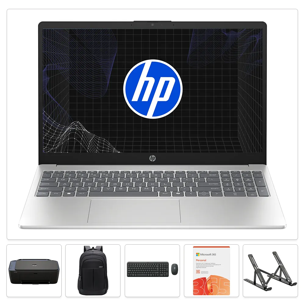 Combo HP 15-FD0331 | Intel Core 3-100U 8GB RAM | 512GB SSD | Maletín GO + Soporte + Teclado y Mouse Logitech MK250 + Microsoft 365 PERSONAL + Impresora HP 2975 Wi-Fi